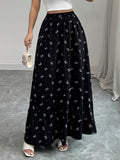 3125# Printed Bow Elastic Waist Long Skirt, Suitable for Outings And Casual Shopping - Black
