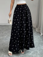 3125# Printed Bow Elastic Waist Long Skirt, Suitable for Outings And Casual Shopping - Black