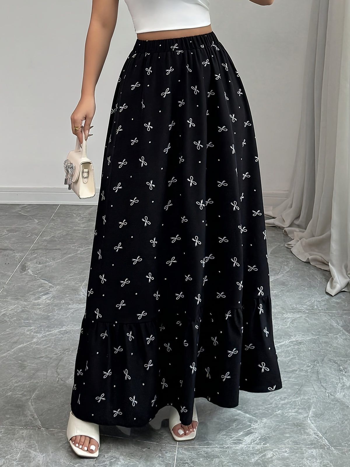 3125# Printed Bow Elastic Waist Long Skirt, Suitable for Outings And Casual Shopping - Black