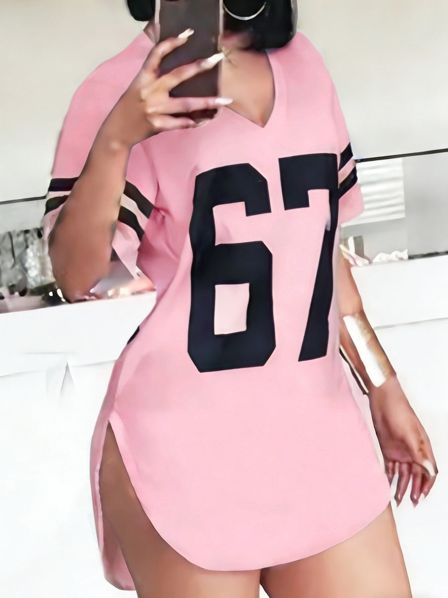 2026 European And American Spring Summer New Women'S Clothing Digital Print Curved Hem V-Neck Loose Casual Short Sleeve T-Shirt Top - pink color