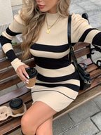 Color Block Striped Puff Sleeve Dress - Khaki