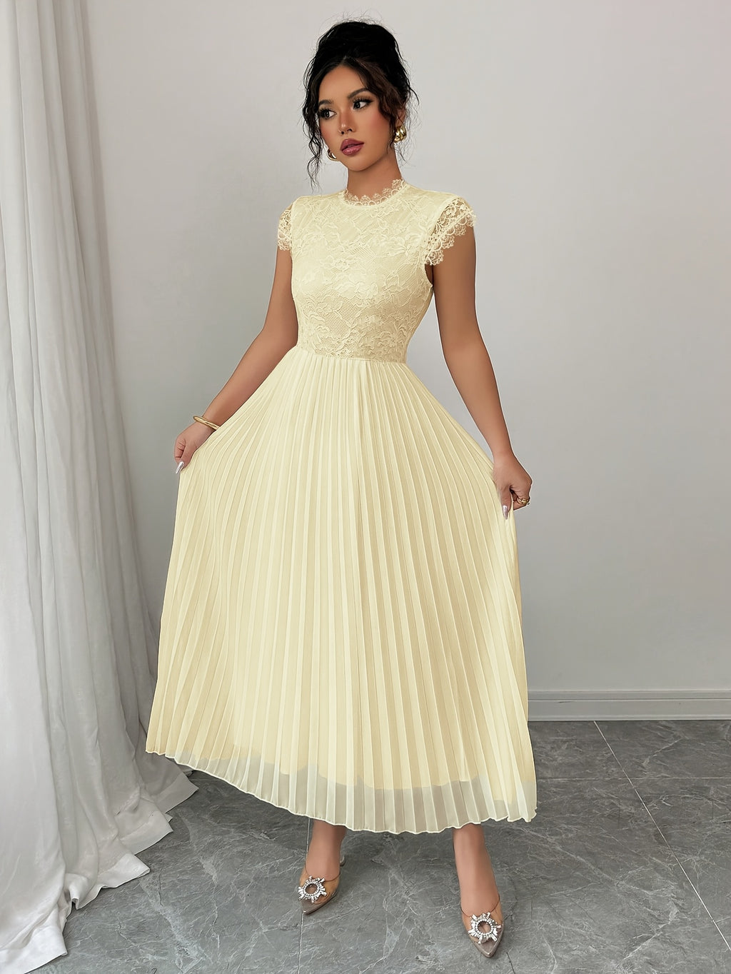 Women'S Elegant Summer Floral Lace Patchwork Pleated Maxi Dress - Champagne
