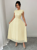 Women'S Elegant Summer Floral Lace Patchwork Pleated Maxi Dress - Champagne