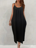Solid Pockets Loose Spaghetti Dress, Versatile Maxi Cami Dress For Summer, Women's Clothing - Black