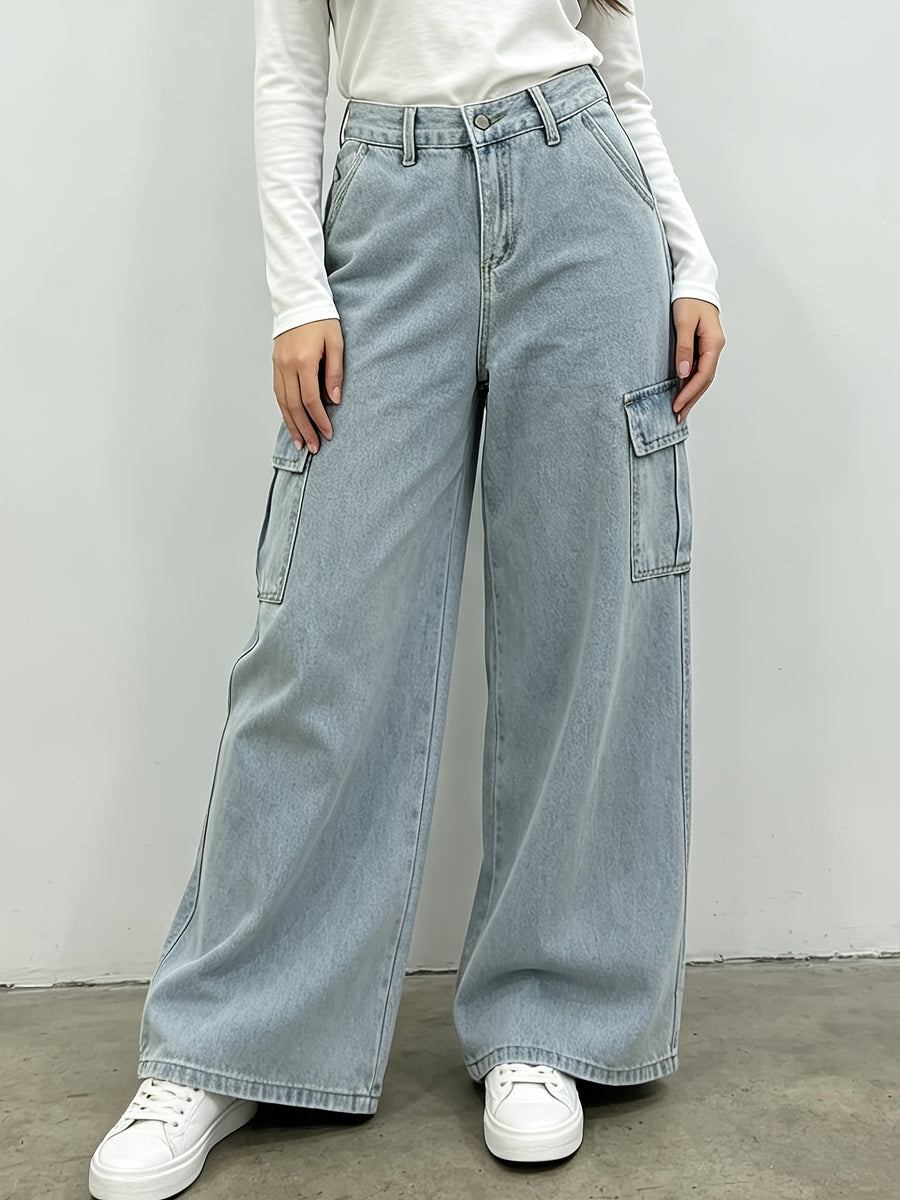 Multi-pocket Fashionable Casual Denim Cargo Pants, Suitable for Travel, Daily Outings, and Street Casual Style - Light Blue