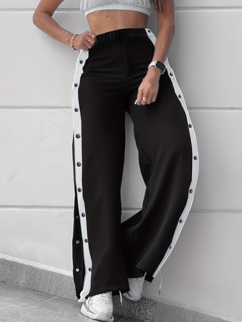 Women's Black and White Color Block Side Button Fly Wide Leg Casual Pants - Black