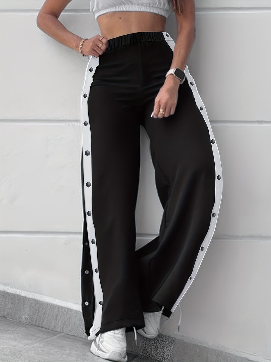 Women's Black and White Color Block Side Button Fly Wide Leg Casual Pants - Black
