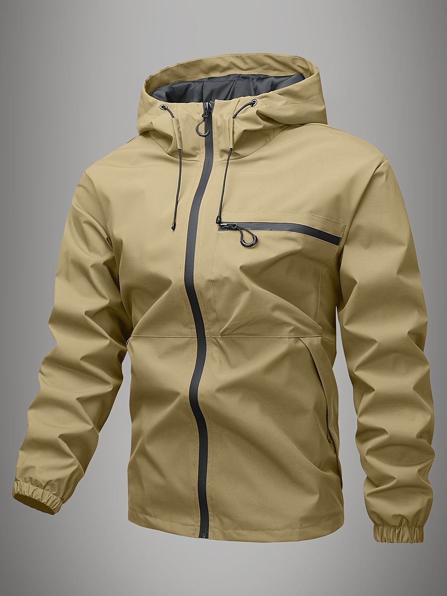 Men's Hooded Windbreaker, Single-layer Thin Design with Diagonal Zipper Chest Pocket, Commuting and Travel Casual Top, Outdoor Hiking Jacket with Zipper Pockets, Techwear Casual Jacket, Suitable for Daily Work Scenarios. - Khaki