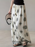 Bohemian Vintage Print Drawstring Wide-Leg Pants for Women, Summer Lightweight Straight-Leg Casual Trousers - White