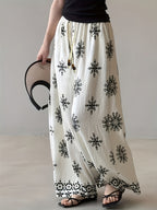 Bohemian Vintage Print Drawstring Wide-Leg Pants for Women, Summer Lightweight Straight-Leg Casual Trousers - White