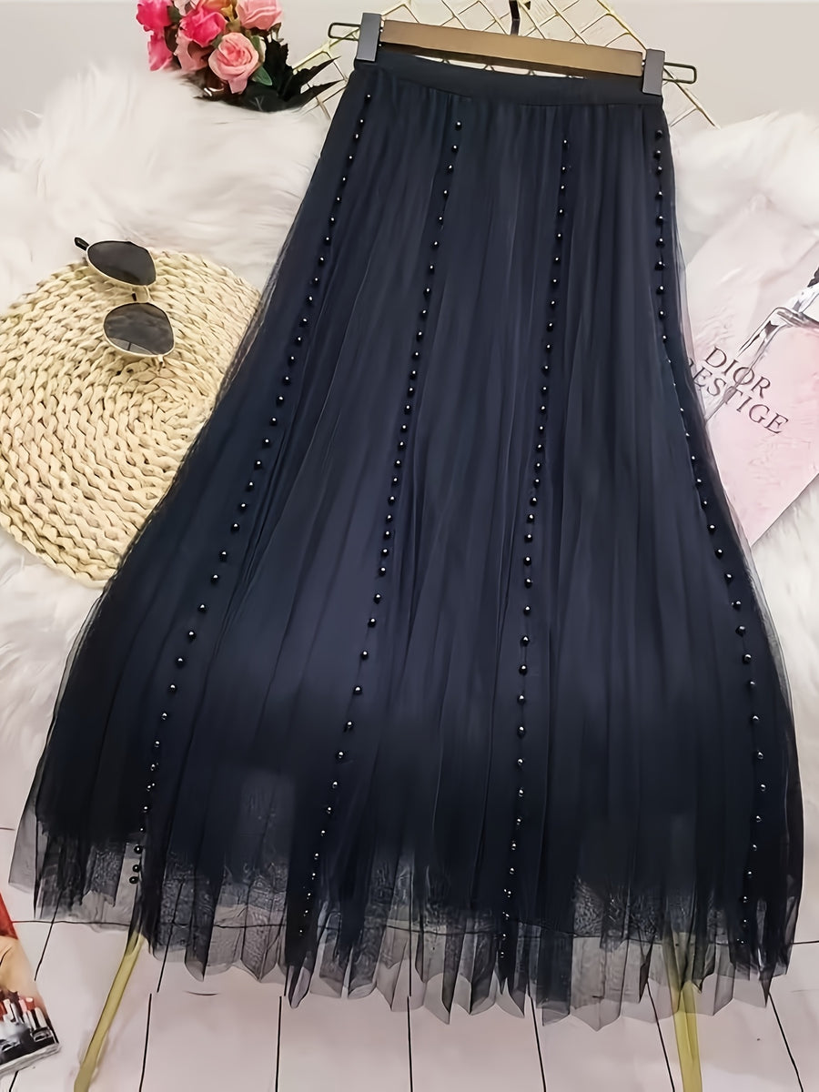 High-Waist Mesh Skirt, New Style Beaded Pleated A-Line Skirt, Solid Color Mesh - Black