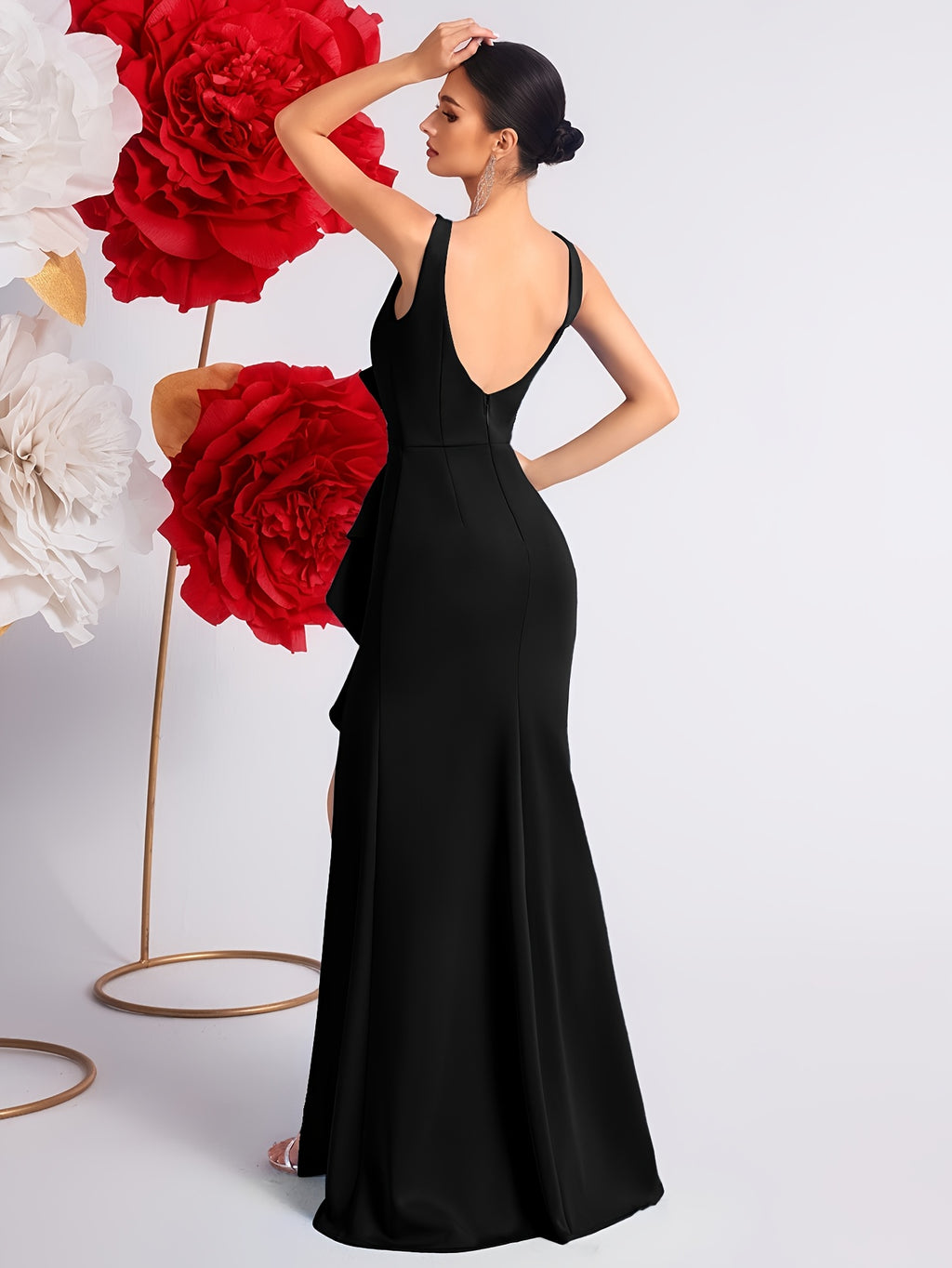 2025 Solid Color High Waist Pleated Ruffle Trim Slit Backless Prom Party Evening Gown Dress - Black