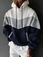 1pc Men'S Color-Block Patchwork Hooded Pullover Sweatshirt, Multi-Color Warm Textured Men'S Hoodie, Drawstring Kangaroo Pocket Warm Hooded Top, Casual Street Style Regular Fit Fall/Winter Sweatshirt, Multi-Color Patchwork Long Sleeve Hoodie - , Light Gray, Navy Blue