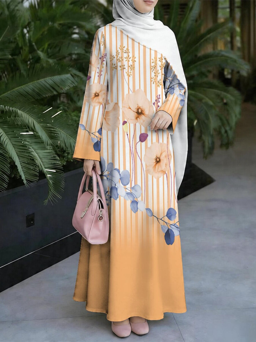 Women'S Hot Middle Eastern Style Muslim Elegant Robe, Orange-Yellow Gradient Striped Floral All-Over Print Long Robe, Loose A-Line Long Sleeve, Festive Prayer Visiting Friends, Stiff Smooth Non- Craft - Mixed colors