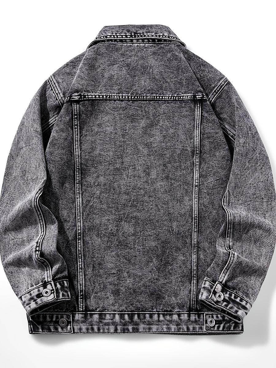 Men'S Vintage Denim Jacket, Classic Lapel, Retro Washed Denim Coat, Multi-Color Casual Workwear Jacket - Black