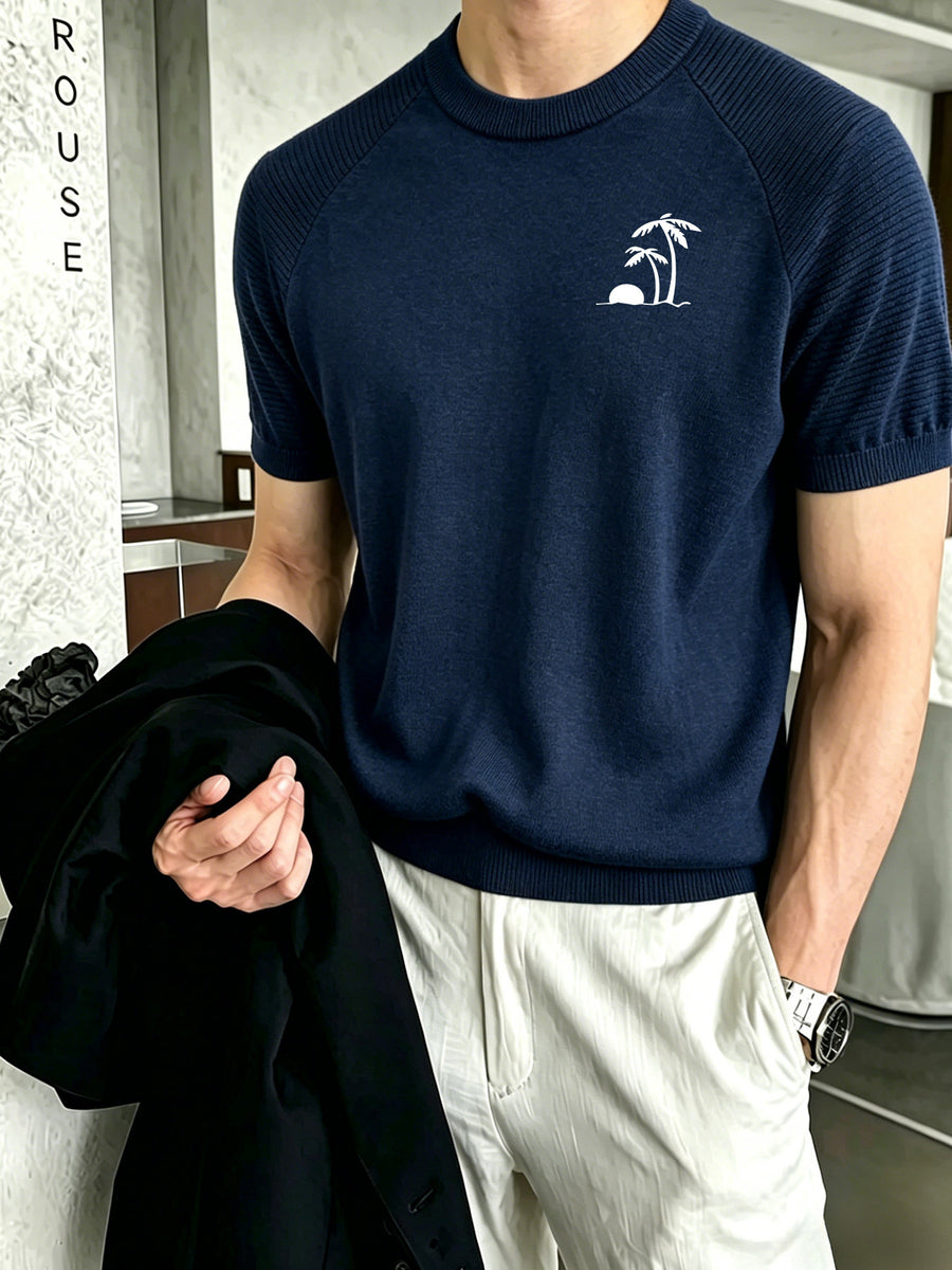 Men's Raglan Short Sleeve Knit Sweater with Coconut Tree and Sunset Small Embroidery, Crew Neck Casual Pullover Top - Navy Color