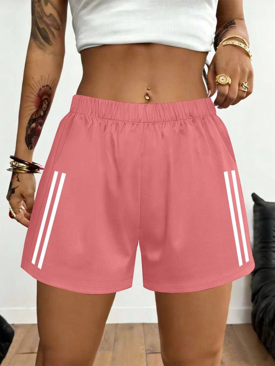 2026 Spring/Summer New Women'S Bottoms Minimalist Fashion White Striped Print Light Daily Home Leisure Comfortable Elastic Waist Shorts with Pockets on Both Sides - Dusty Rose