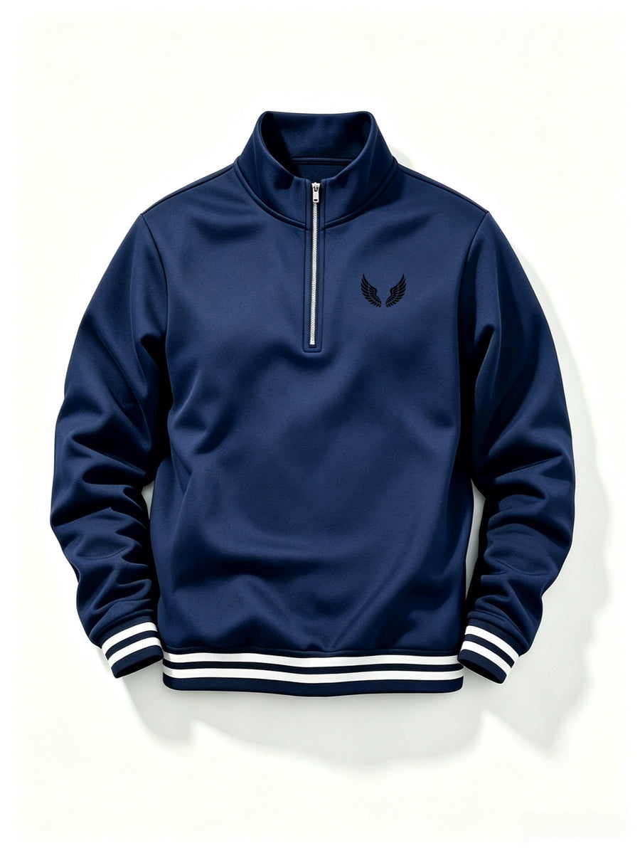 Men's Half-Zip Stand Collar Sweatshirt with Double Wing Pattern Chest Print, Striped Ribbed Cuffs, Loose Fit Athletic Casual Pullover - Navy Color