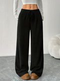 Women's Solid Color Straight Leg Loose Casual Sports Pants, New Style Ribbed Long Pants for Morning/Evening Run, Outing, Home, Perfect Choice for All Seasons, Machine Washable - Black