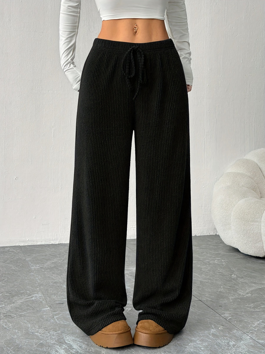 Women's Solid Color Straight Leg Loose Casual Sports Pants, New Style Ribbed Long Pants for Morning/Evening Run, Outing, Home, Perfect Choice for All Seasons, Machine Washable - Black