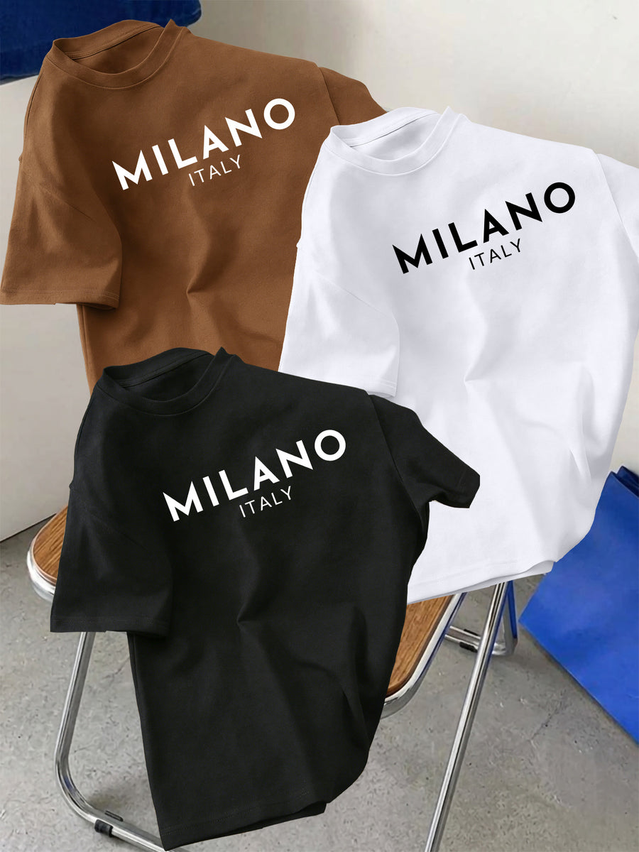 3pcs Set Men's Pure Cotton Short-Sleeve Crew Neck T-Shirt with Milan, Italy Pattern, Suitable for Daily Casual Wear, Comfortable, Soft, Breathable, Summer Essential - Black+white+coffee