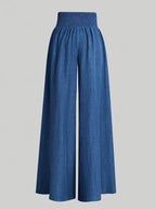Women'S Casual Wide Leg Pants, Elastic Waist, Solid Color, Polyester 100%, Loose Fit, Long Length, Woven Fabric, 200g/m², for Spring/Fall, Weekend Casual Wear - Blue