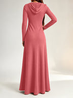 Plus Size - Western Plus Size Women'S Ribbed Hooded Long Dress, Half-Open Zipper Long Sleeve Fitted Flared Casual Floor-Length Skirt - Watermelon Red