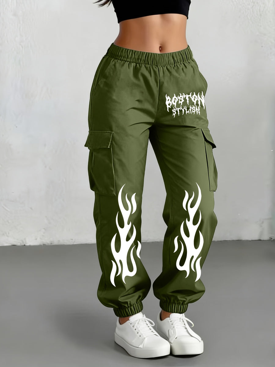 Millennial Y2K Cargo Pants for Women, Loose Flame Print Trousers, Retro Gothic Street Style with Elastic Waist And Ankle Cincher, Hip-Hop Hot Baggy Long Pants, Casual All-Match Bottoms - Olive Green