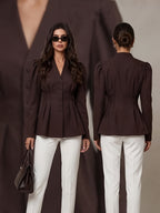 Elegant Women's Puff Sleeve V-Neck Waist-Cinching Blazer, Single-Breasted Professional Commuter Top, Stylish Daily Casual Office Wear - Reddish Brown