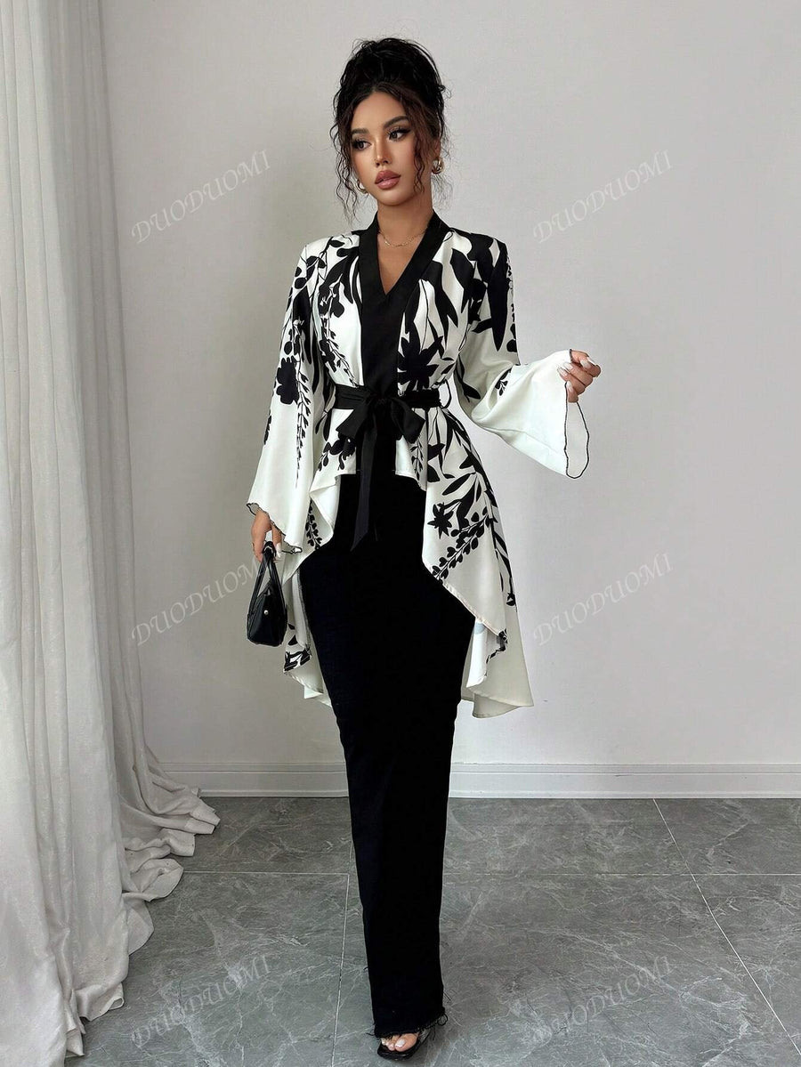 Autumn Women's Floral Print Flare Sleeve Tie-Back Shirt - Multicolor