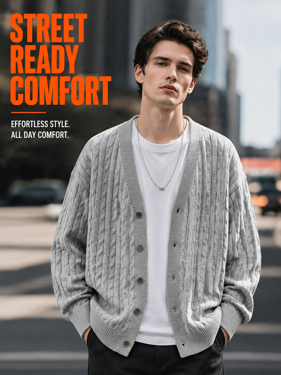 Daily Deal 1pc Men's Cable Knit Cardigan, V-Neck Button-Front, Textured Twist Knit, Retro Casual Street Style, Spring & Fall Loose Fit Daily Sweater Outerwear - Light Grey