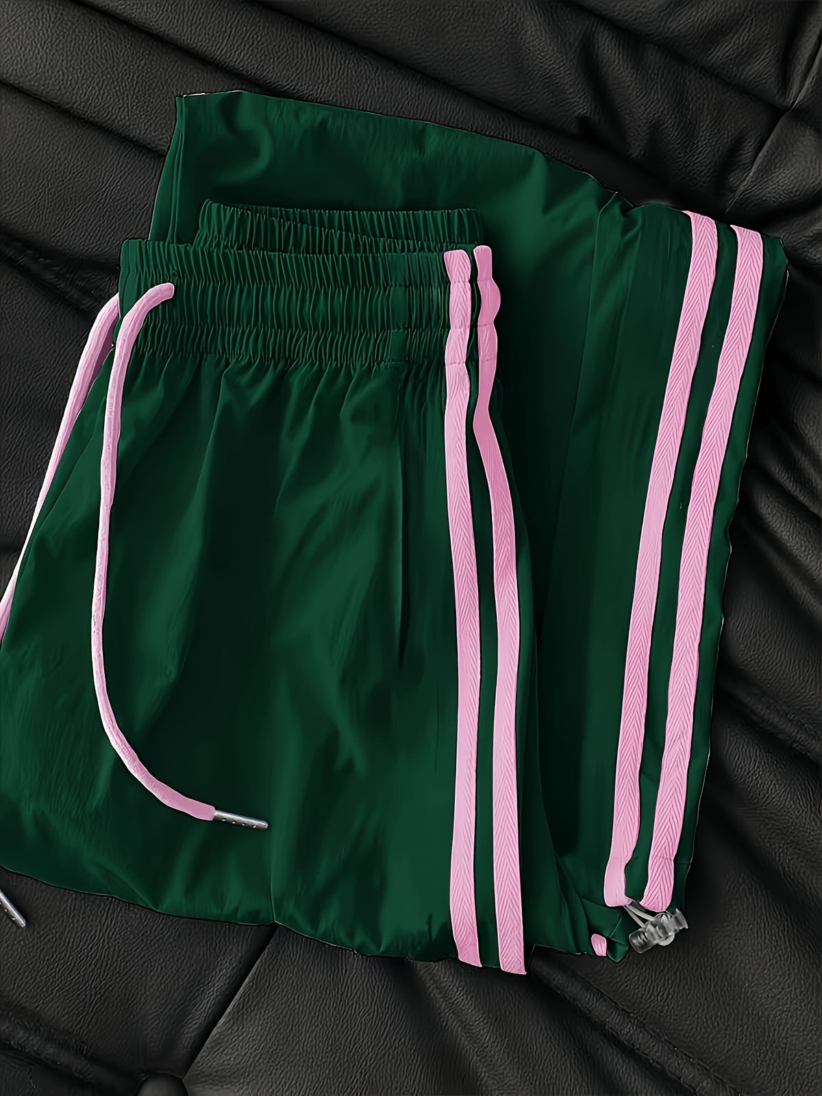 New Cross-Border Fashion Casual Women's Long Pants with Double Stripes, Drawstring Waist, Cuffed Hem, and Side Pockets - ZLLZ - Dark Green