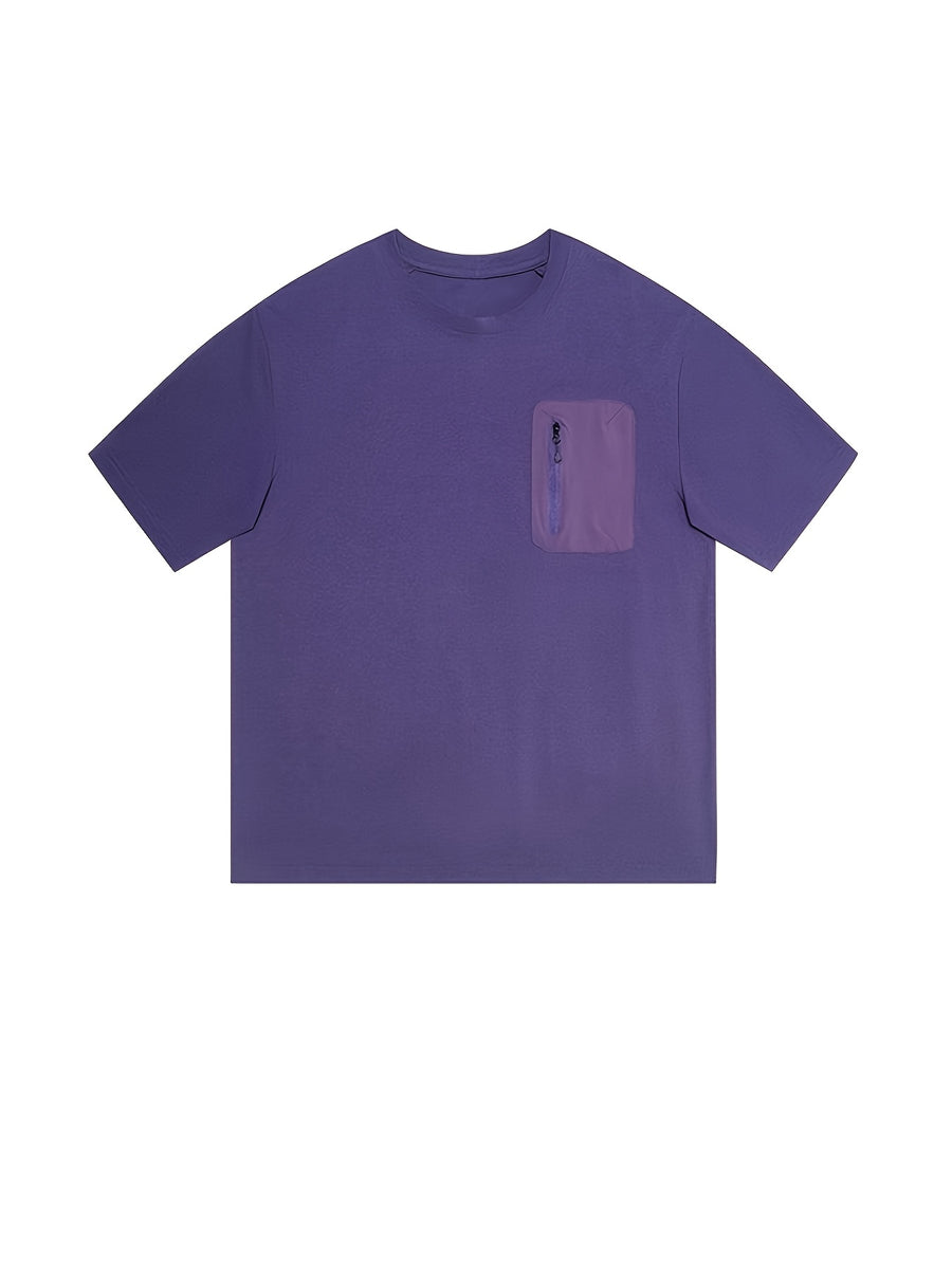 1PS Men's American Workwear Style Short Sleeve T-Shirt with Contrast Zipper Pockets, Loose Fit for Summer Daily Wear, Men's Vintage Short Sleeve T-Shirt with Zipper Patch Pocket, Heavyweight, Loose Fit, Versatile Summer Outdoor Casual Top - Dark Violet