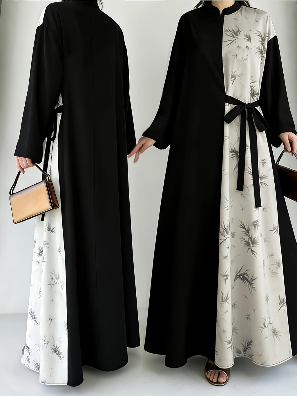 Women' Chinese Collar/Stand Collar Dress - Maxi Dress with Watercolor Print & Elastic-Free Machine-Washable Fabric, Office to Wedding Guest Gown for Spring/Summer (Non-Stretch) - 9A11388-1 - Mixed colors