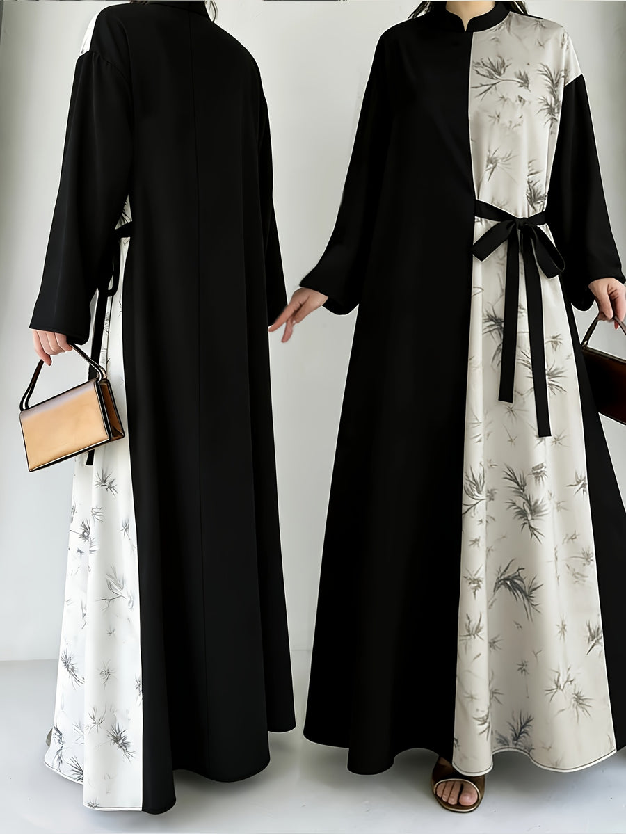 Women' Chinese Collar/Stand Collar Dress - Maxi Dress with Watercolor Print & Elastic-Free Machine-Washable Fabric, Office to Wedding Guest Gown for Spring/Summer (Non-Stretch) - 9A11388-1 - Mixed colors