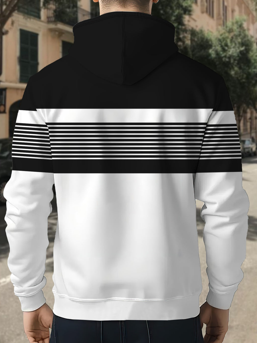Fashion Black And White Striped Men'S Hoodie Trendy Color-Block Striped Print Casual All-Match Pullover Youth Athletic Style Hooded Top - Mixed colors