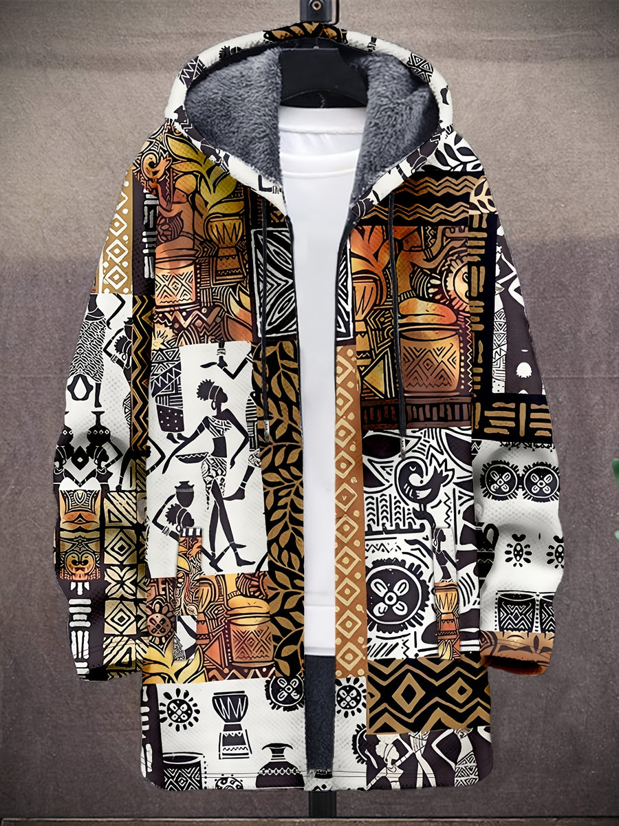 Retro Ethnic Art Pattern 3D Print Fashion Men'S Plush Thick Long-Sleeved Cardigan Coat Winter Warm Zipper Hooded Coat, Casual, Regular Fit, Daily, Geometric Print - Dark Brown