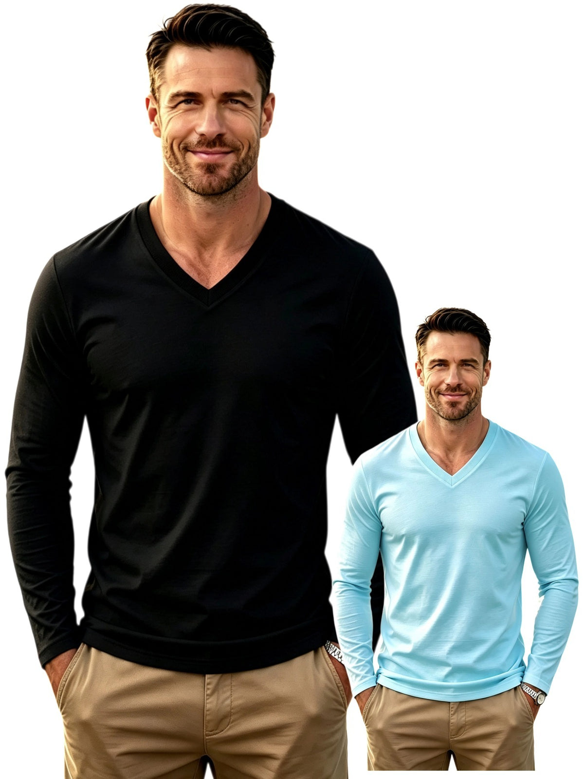 100%, 2pcs Men'S V-Neck Long Sleeve T-Shirts, Men'S Knit Sweatshirts, Casual Athletic Ribbed Neck Tops - Black+sky Blue