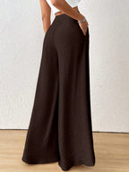 High-Waist Wide-Leg Pants, Solid Color, with Pleats And Button Details, Soft Style - Coffee Color