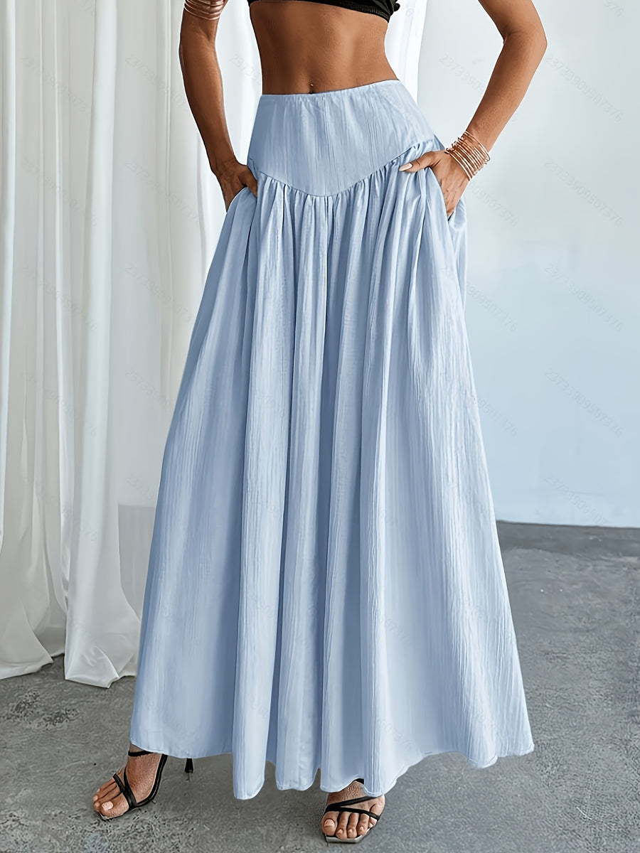 Women's Waist-Cinching Pleated Flared Skirt with Solid Pockets, Comfortable, Versatile, and Elegant, Suitable for Casual Daily Wear and Stylish Commuting, All-Season - Light Blue