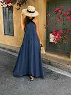 Elegant and Fashionable Women's Faux - Long Maxi Dress with Contrasting Colorblocking and A-line Hem, Featuring Crisscross Spaghetti Straps. Comfortable for Casual Outings, Vacations, Dates, and Romantic Beachwear, This Off-shoulder and Backless - Navy Color