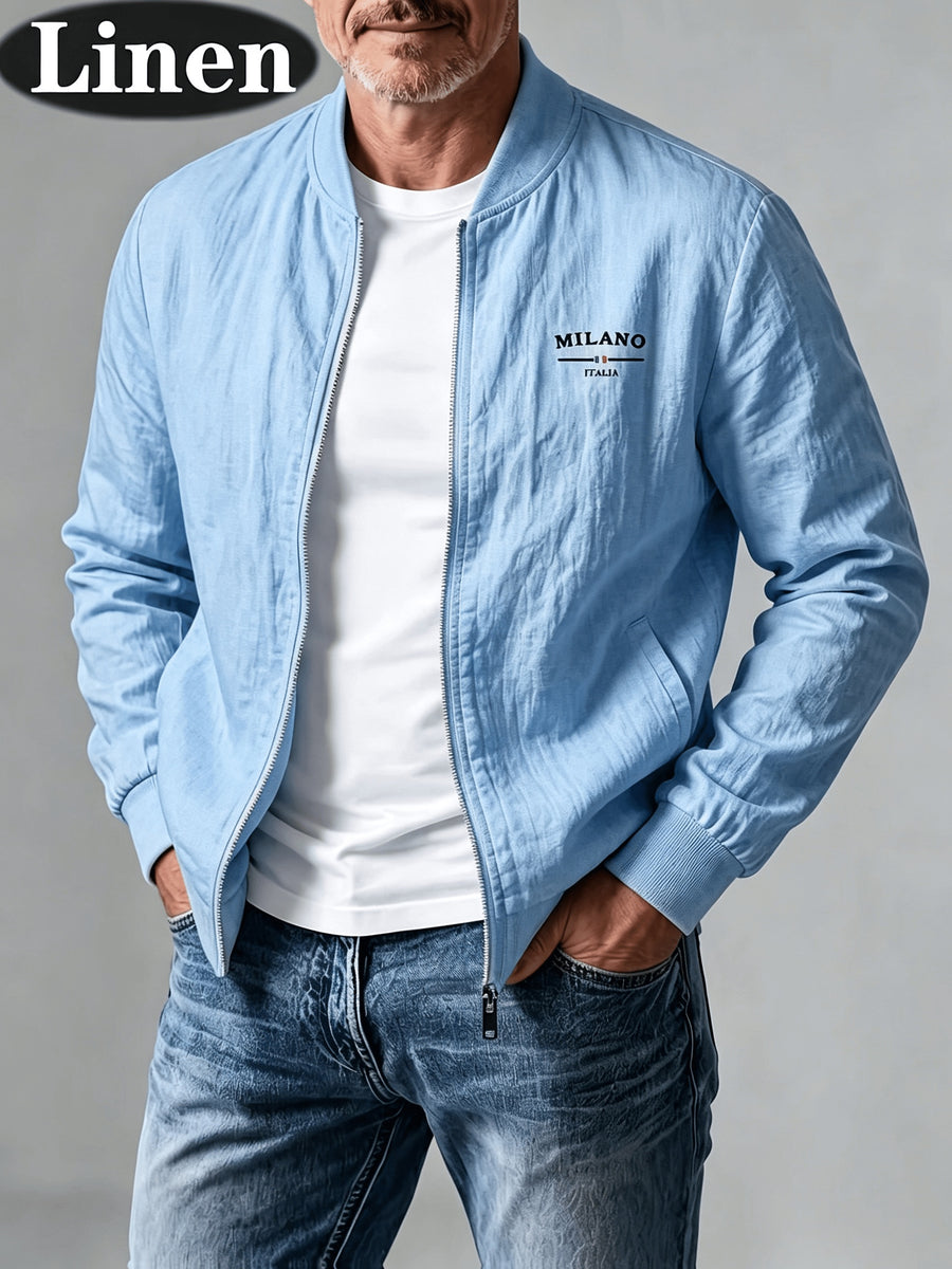 Spring Summer Linen Washed Pleated Baseball Collar Jacket Men'S MILANO Letter Print Thin Breathable Coat Middle-Aged Dad Loose Zipper Cardigan Multi-Color Versatile Commute Casual Outerwear Baseball Uniform Top, Transitional Bomber Jacket - Sky Blue