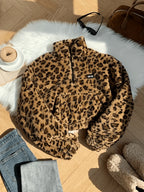 2026 Autumn/Winter New Arrival: Leopard Print Double-Sided Cropped Jacket, Women's Elegant Faux Coat with Stand Collar, Regular Shoulder Sleeves, Zipper Design and Pockets, Stylish and Sexy, Essential Lightweight Warm Jacket for Autumn-Winter - Coffee Color