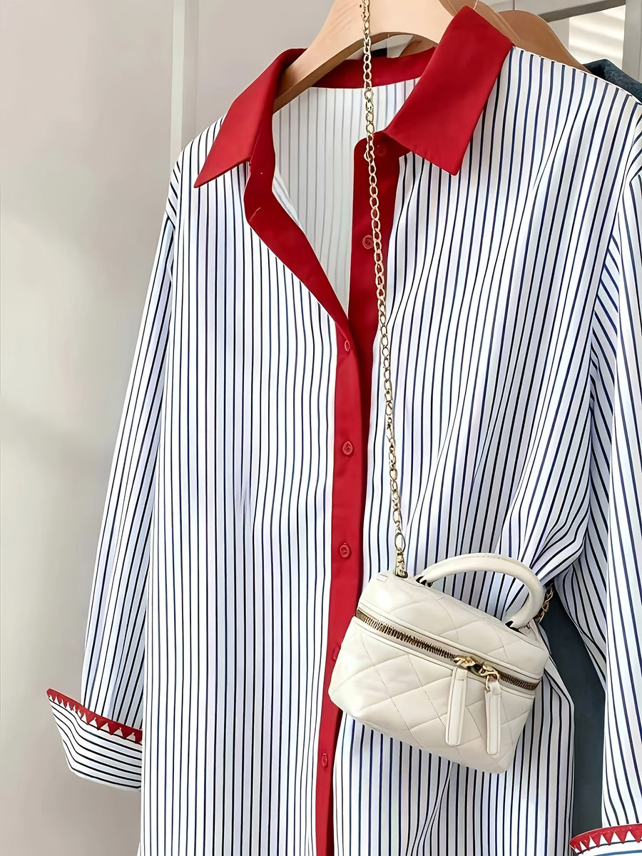 Women'S Casual Commuter Striped Color Block Shirt - Blue Stripes