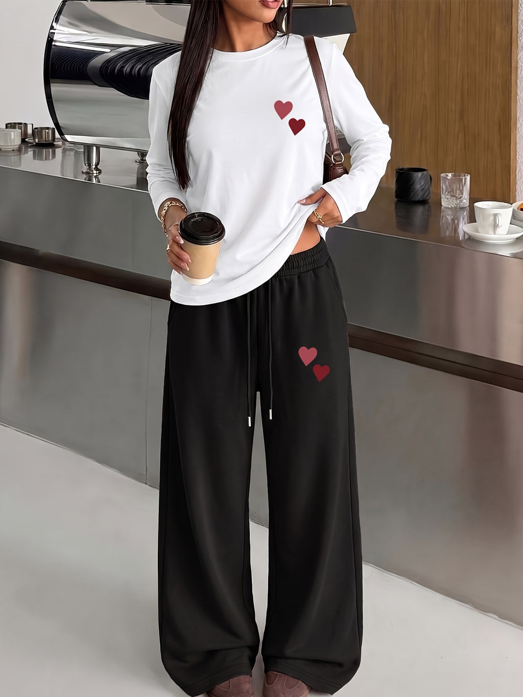Easy Double Heart Pattern Print, Women'S 2pcs Set, Women'S Round Neck Loose All-Match Casual Sports Long Sleeve And Casual Sports Long Pants 2pcs Suit - White+black