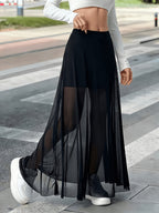 Elegant Sheer Mesh Skirt for Women, Flared Half Skirt - Black