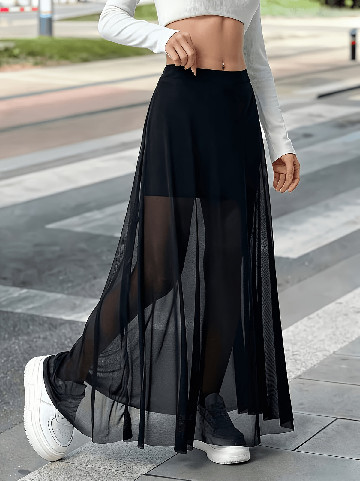Elegant Sheer Mesh Skirt for Women, Flared Half Skirt - Black
