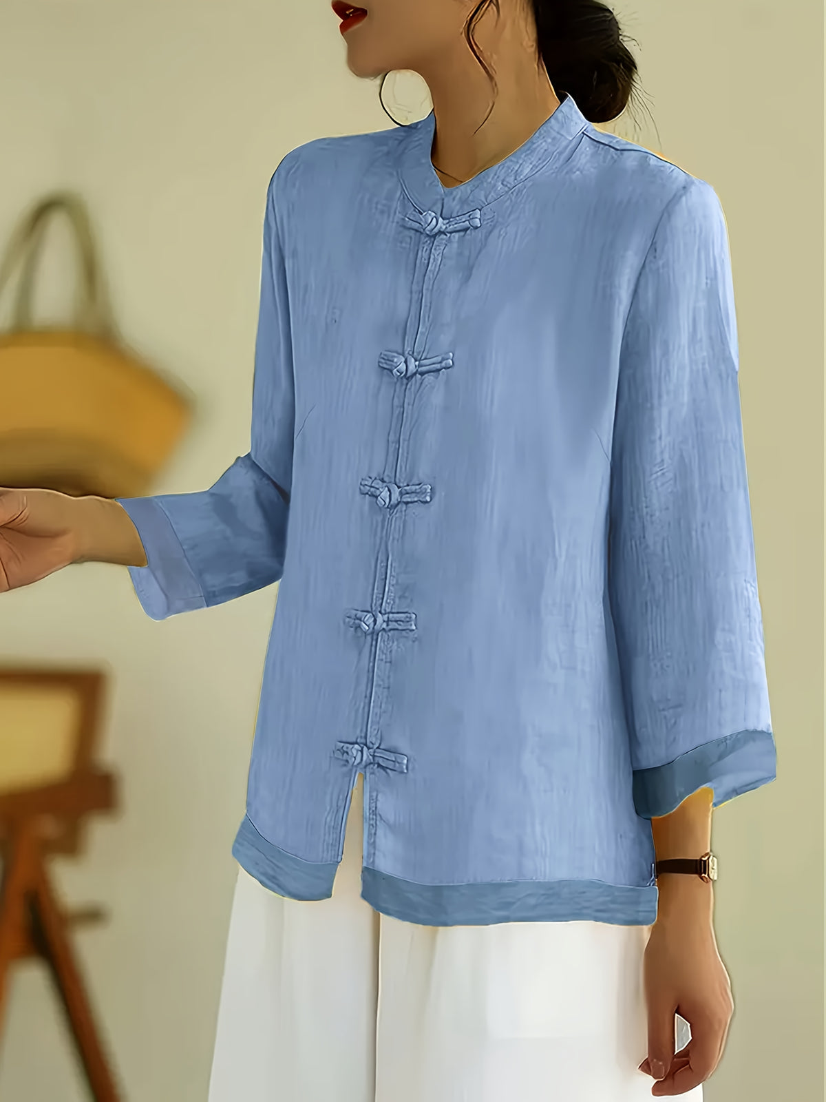 Fashionable Vintage-Style Chinese Shirt with a Stand Collar, Featuring Button Closures And Mesh Panels, Designed for a Loose And Comfortable Fit for Women - Blue