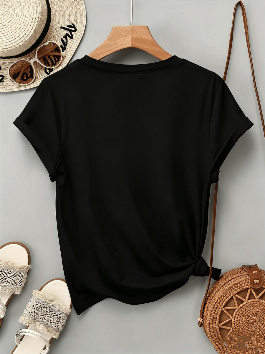 Summer Western Architectural Print Round Neck Regular T-Shirt, Casual Regular Printed Top - Black