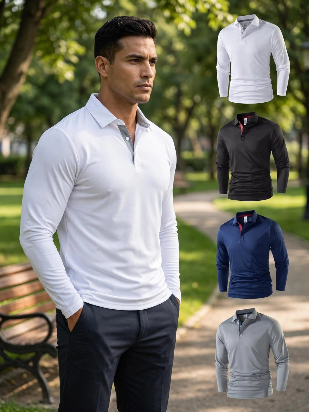 4pcs Set of New Men'S Thin Long-Sleeve Polo Shirts, 100% Fiber Fabric, Multi-Color Available, Classic Color-Block Design, Versatile And Fashionable, Men'S Golf Shirt, Polo Shirt, Polo Collar, T-Shirt, Sportswear, Knit - Black + Cyan + Gray + White